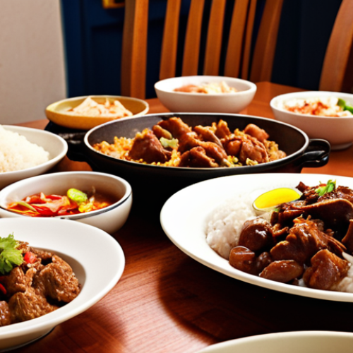 **A vibrant, colorful Filipino family dinner scene. The table is laden with bowls of adobo, rice, and side dishes. Warm lighting, happy faces, and a sense of togetherness. Focus on the adobo dish, showcasing the different regional variations (some with coconut milk, some spicy).**