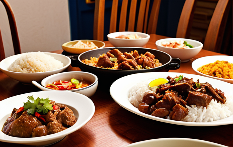 **A vibrant, colorful Filipino family dinner scene. The table is laden with bowls of adobo, rice, and side dishes. Warm lighting, happy faces, and a sense of togetherness. Focus on the adobo dish, showcasing the different regional variations (some with coconut milk, some spicy).**